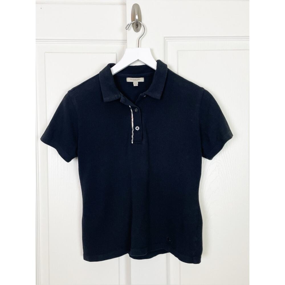 Burberry London Black Cropped Polo Shirt Plaid Trim Pique Knit Sz M